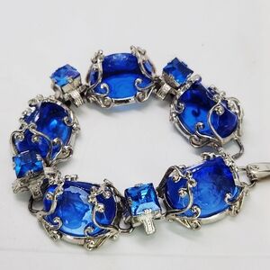 Vintage Estate Cobalt Blue Intaglio Panel Dome Glass Silver Tone Scroll Bracelet